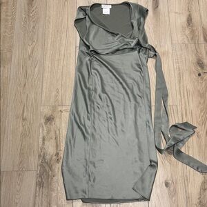 Anthropologie Asymmetrical Satin Dress in green grey color